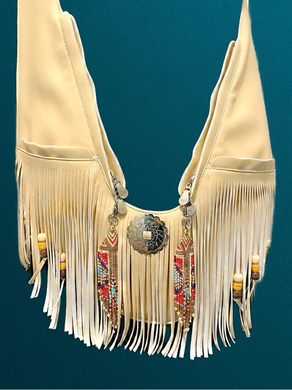 Sash Bag Vegan Leather Tan Fringed Crossbody Bag with Embellishments